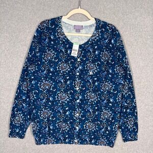 NEW Laura Scott Paisley Cardigan XL Blue Floral Cotton Thin Classic Grandma